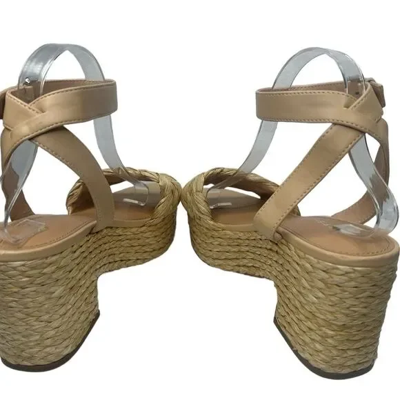 Marc Fisher Platform Sandal 10 Espadrille Neutral Summer Chic Raffia Beige Steel - Picture 6 of 13